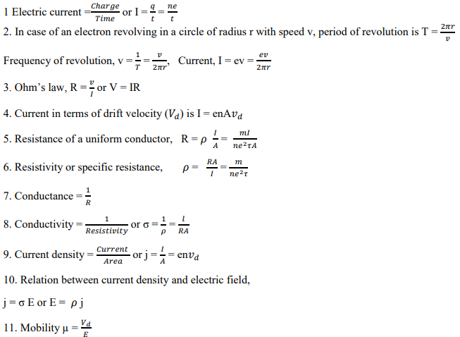 Cbse Class Physics Formulae Current Electricity Notes