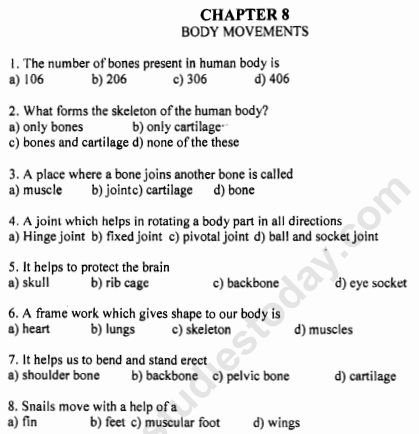 CBSE Class 6 Science Body Movements MCQs, Multiple Choice Questions for