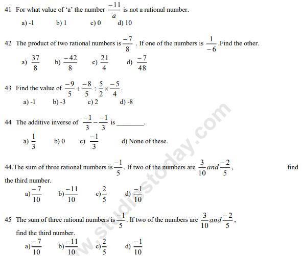 CBSE Class 7 Mathematics MCQs Rational Numbers Multiple Choice 