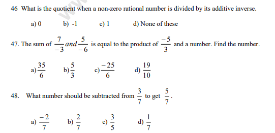 CBSE Class 7 Mathematics MCQs Rational Numbers, Multiple Choice