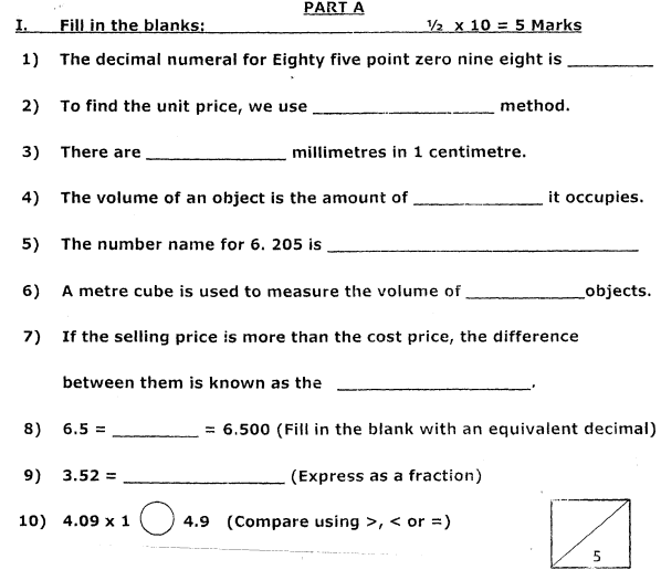 CBSE Class 5 Mathematics Question Paper Set G