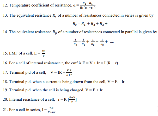 Class 12 Physics Formulae Current Electricity