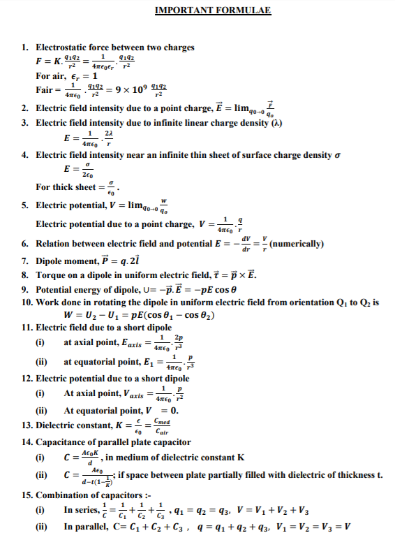 Cbse Class 12 Physics Electrostatics Formulae Concepts For Physics Revision Notes