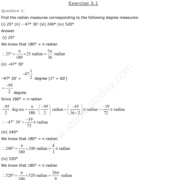 NCERT Solutions Class 11 Maths Trigonometric Functions