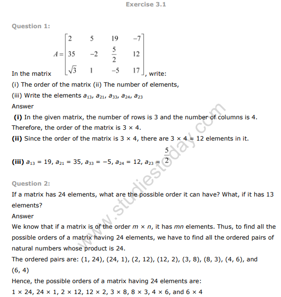 NCERT Class 12 Matrices