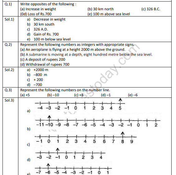 Class 6 Maths Worksheet Integers