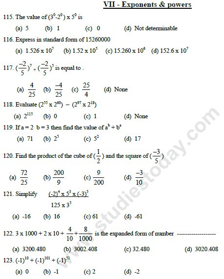 cbse class 7 mathematics exponents and powers mcqs set a multiple choice questions for exponents and powers