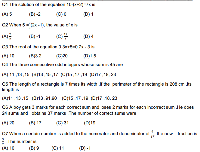 linear equations in one variable class 7 mcq questions