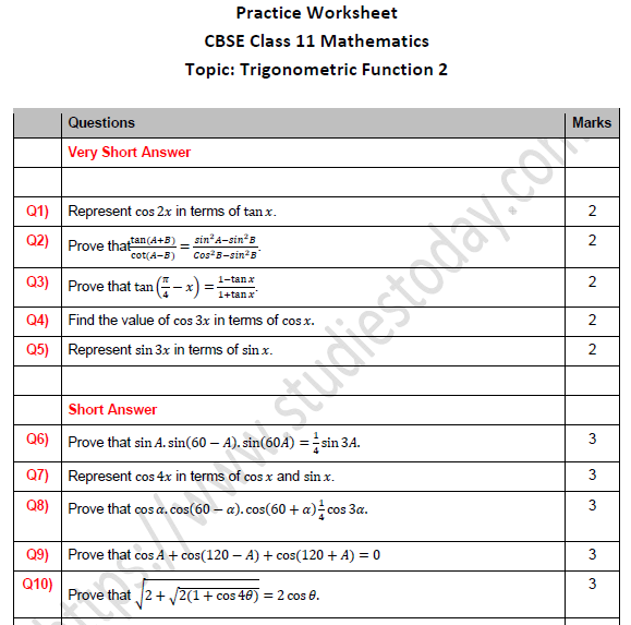 CBSE Class 11 Maths Trigonometric Functions Worksheet Set B