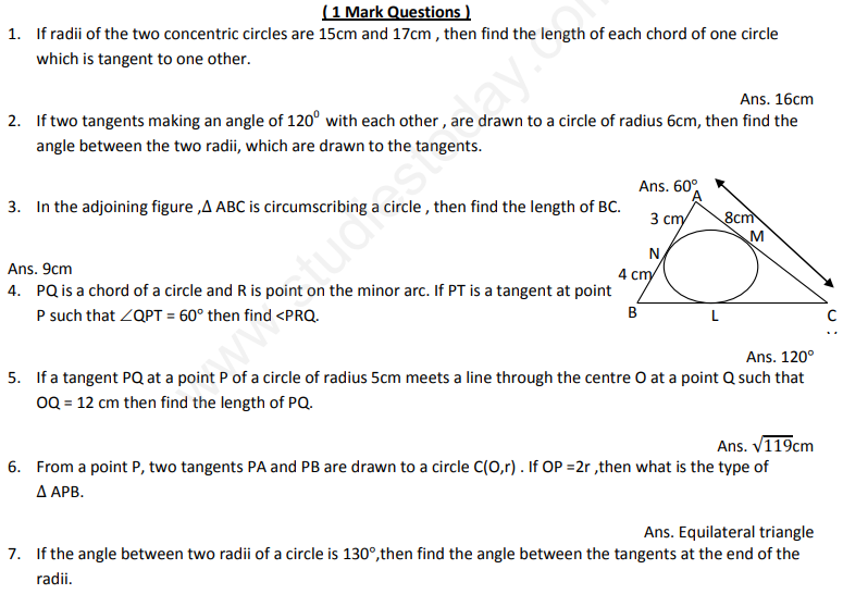 CBSE Class 10 Mathematics Circles Assignment Set D