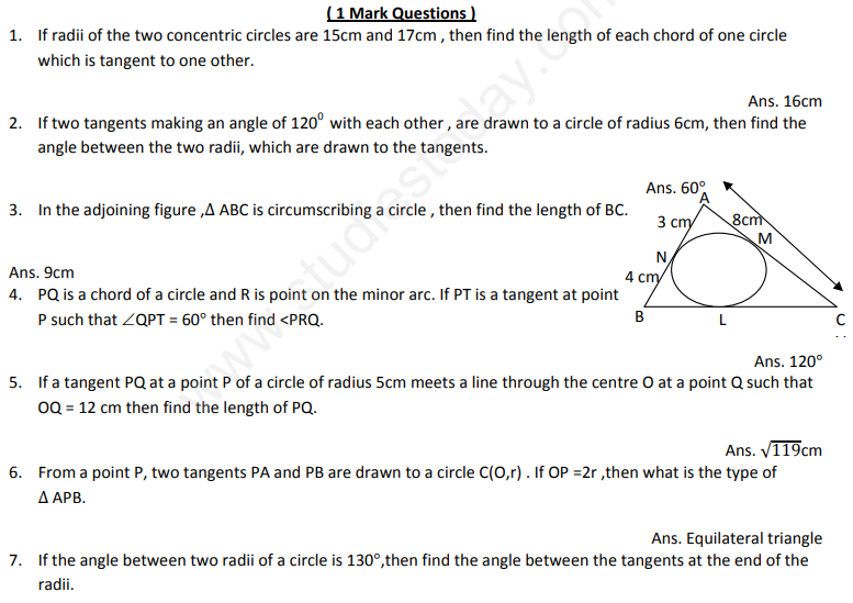CBSE Class 10 Mathematics Circles Assignment Set G