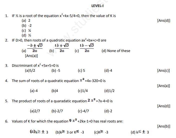 CBSE Class 10 Mathematics Quadratic Equations Assignment Set B