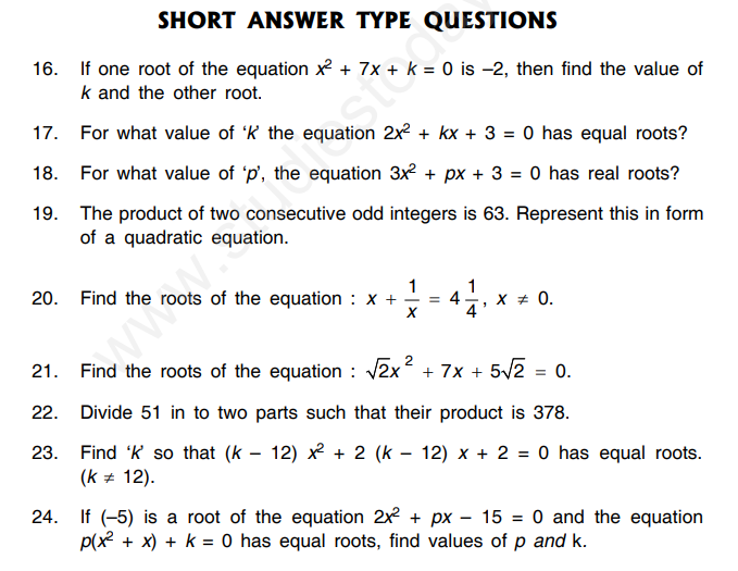 CBSE Class 10 Mathematics Quadratic Equations Assignment Set I
