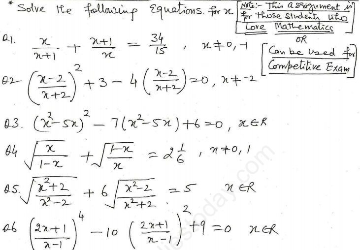 CBSE Class 10 Mathematics Quadratic Equations Assignment Set N