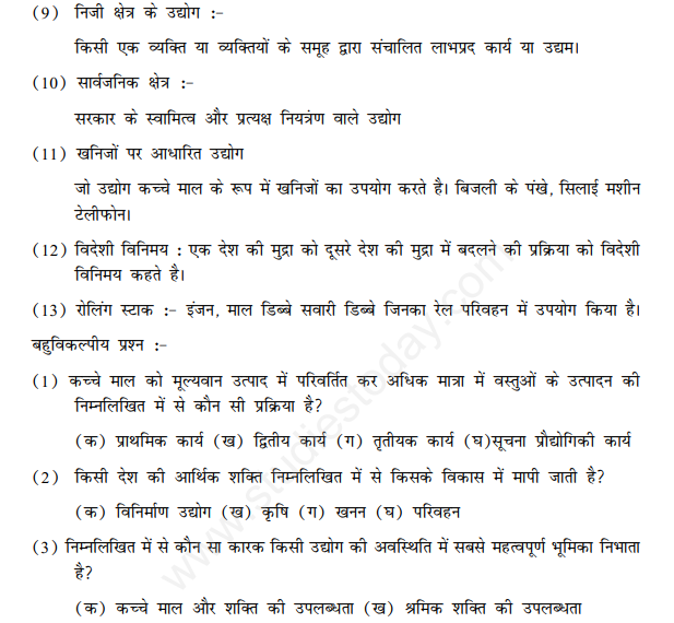 CBSE Class 10 Social Science Geography Manufacturing Industries Hindi Assignment
