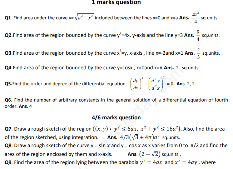 CBSE Class 12 Mathematics Applications of Integration Assignment Set A