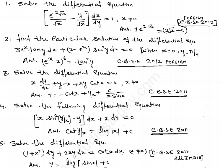 CBSE Class 12 Mathematics Differential Equations Assignment Set A