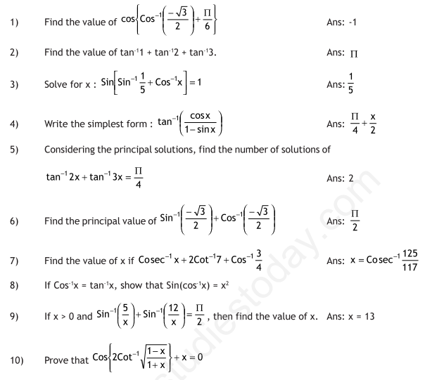 CBSE Class 12 Mathematics Inverse Trigonometric Functions Assignment Set C