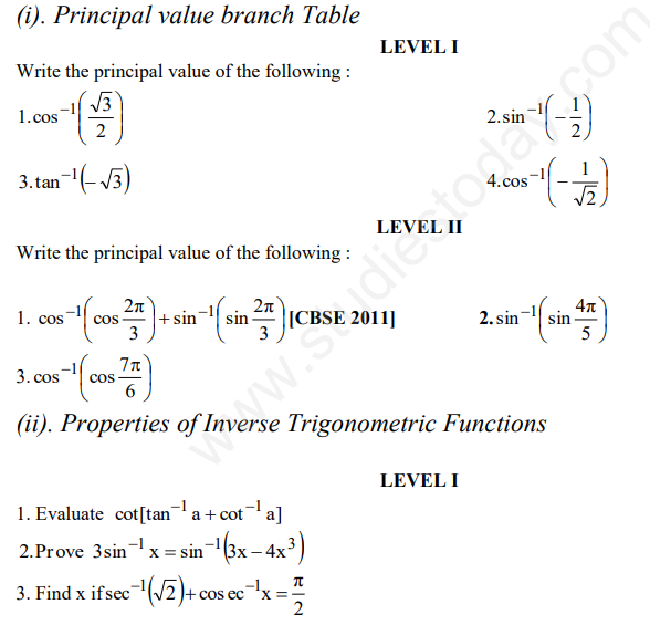 CBSE Class 12 Mathematics Inverse Trigonometric Functions Assignment Set F