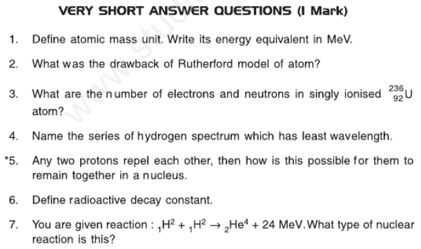 CBSE Class 12 Physics Atoms and Nuclei Assignment Set A