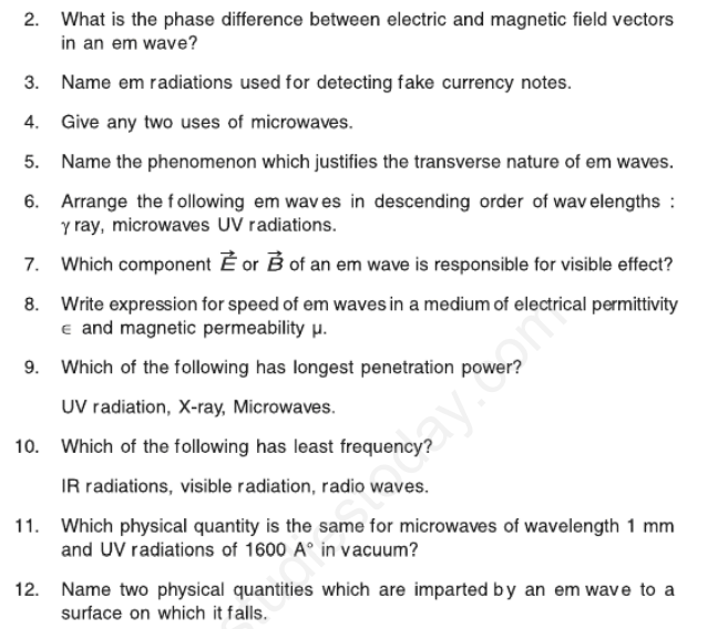 CBSE Class 12 Physics Electromagnetic Waves Assignment Set A