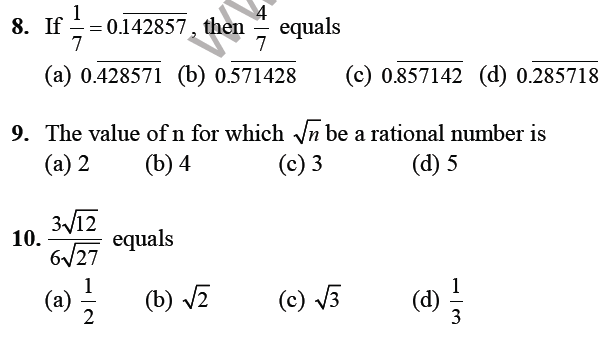 Cbse Class 9 Maths Number Systems Mcqs Set E Multiple Choice Questions For Number System