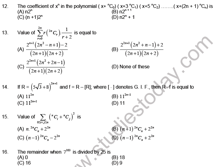 JEE Mathematics Binomial Theorem MCQs Set C-16