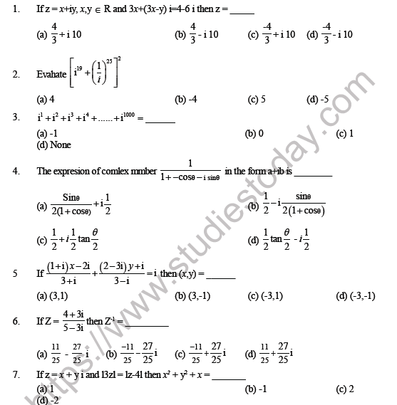 JEE Mathematics Complex Numbers MCQ pdf