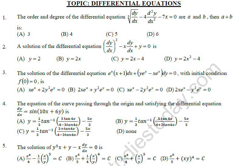 JEE Mathematics Differential Equations MCQs Set C-