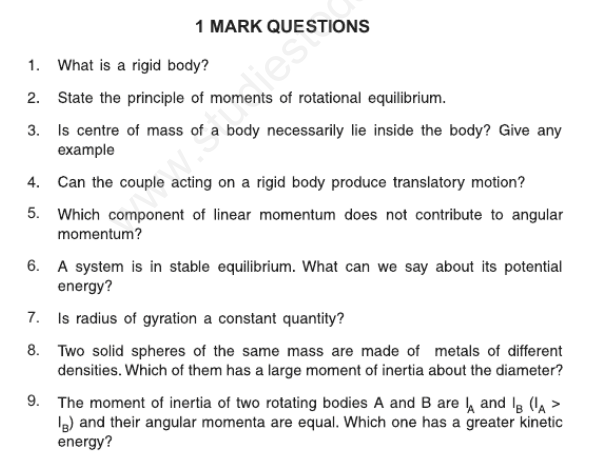 CBSE Class 11 Physics Motion of System of Particles and Rigid Body Assignment