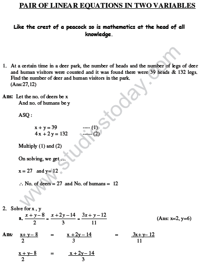 Cbse Class 10 Mathematics Hots Pair Of Linear Equations In Two Variables Set B 7246