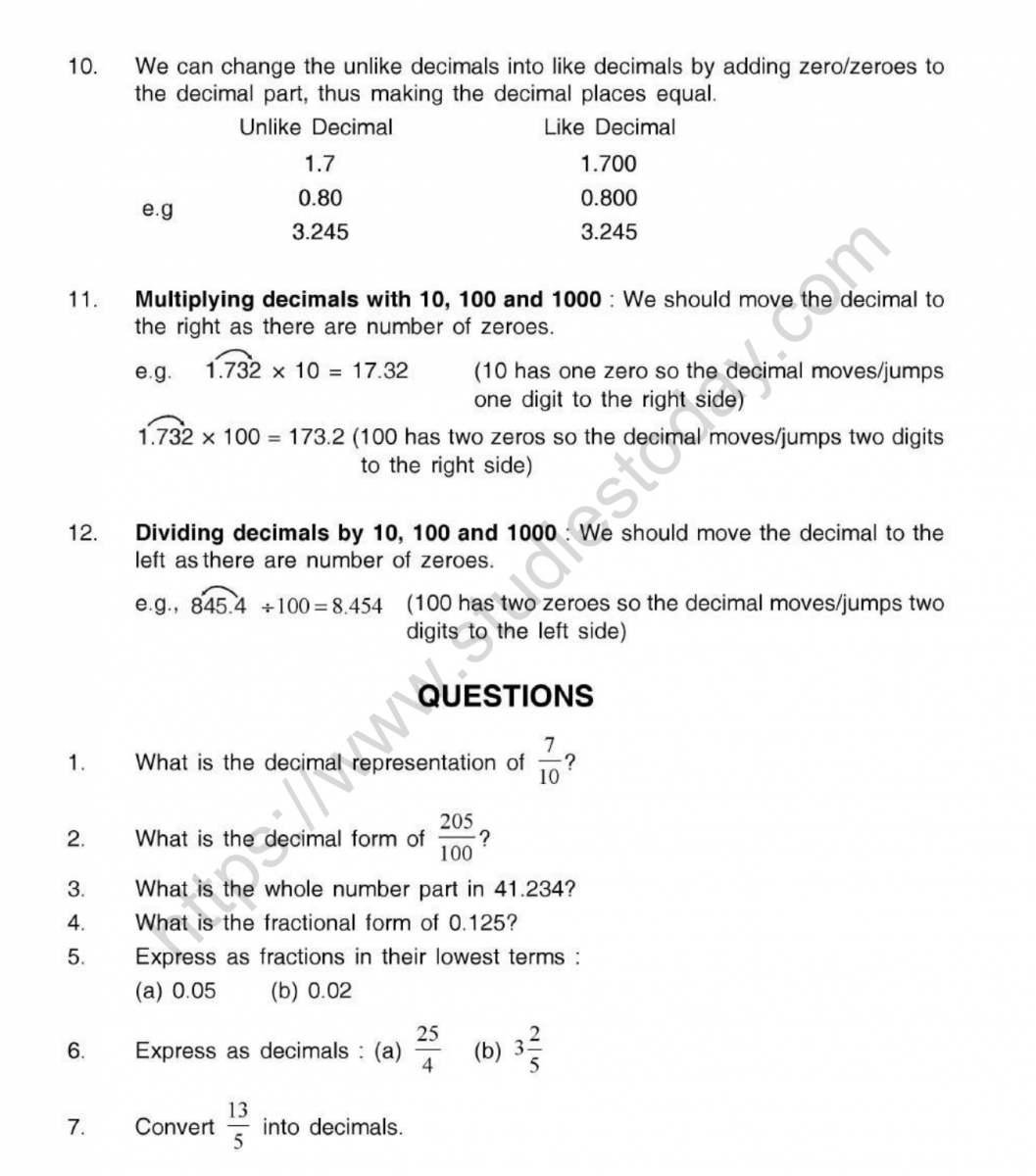 CBSE Class 5 Mental Maths Decimals Worksheet