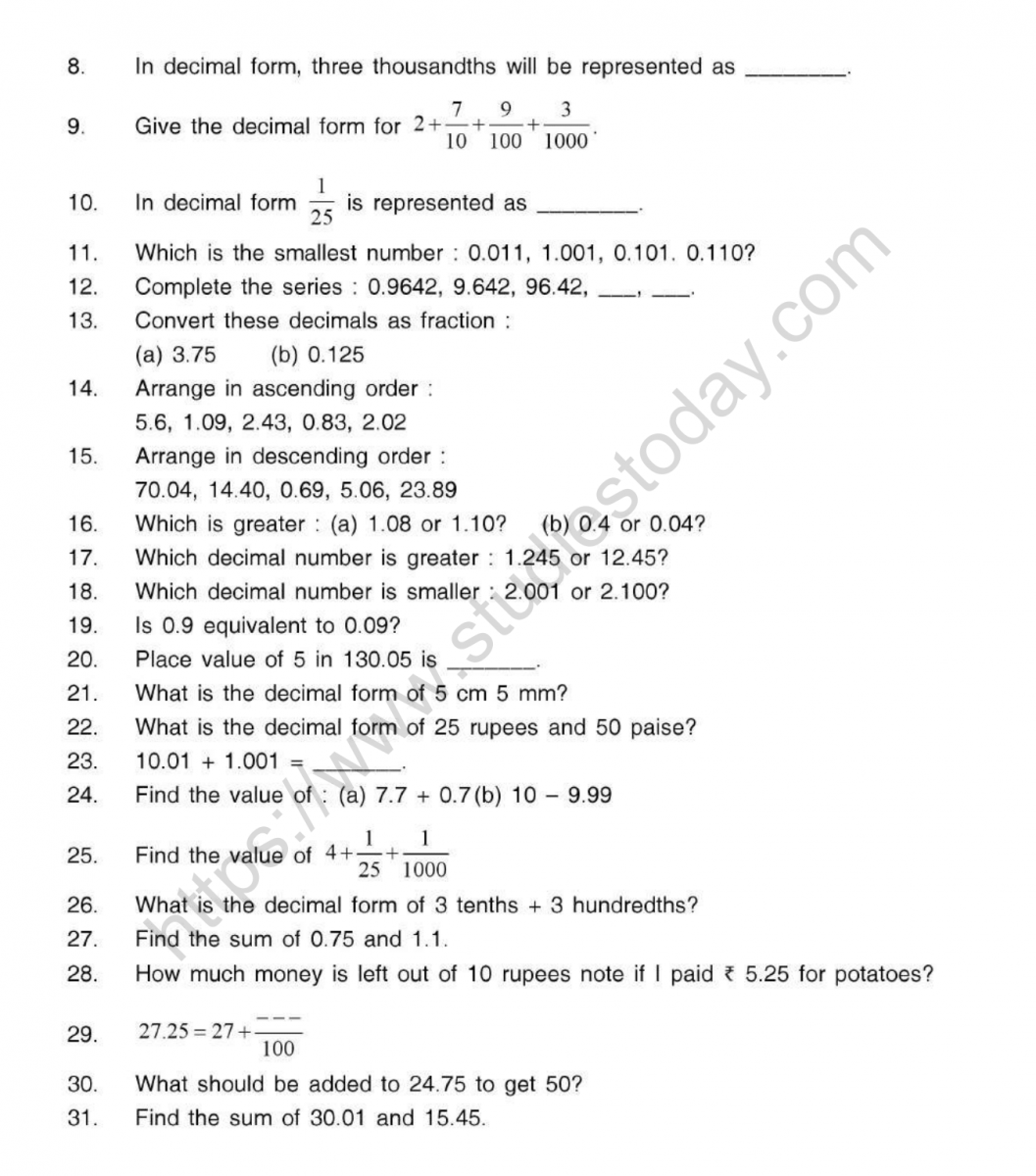 CBSE Class 5 Mental Maths Decimals Worksheet