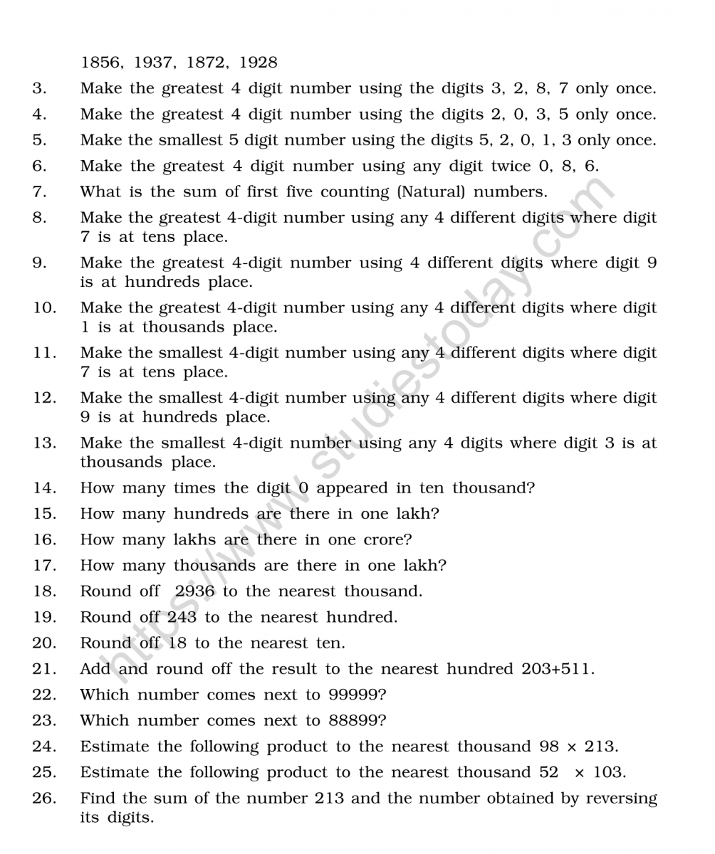 Knowing Our Numbers Class 6 Worksheet