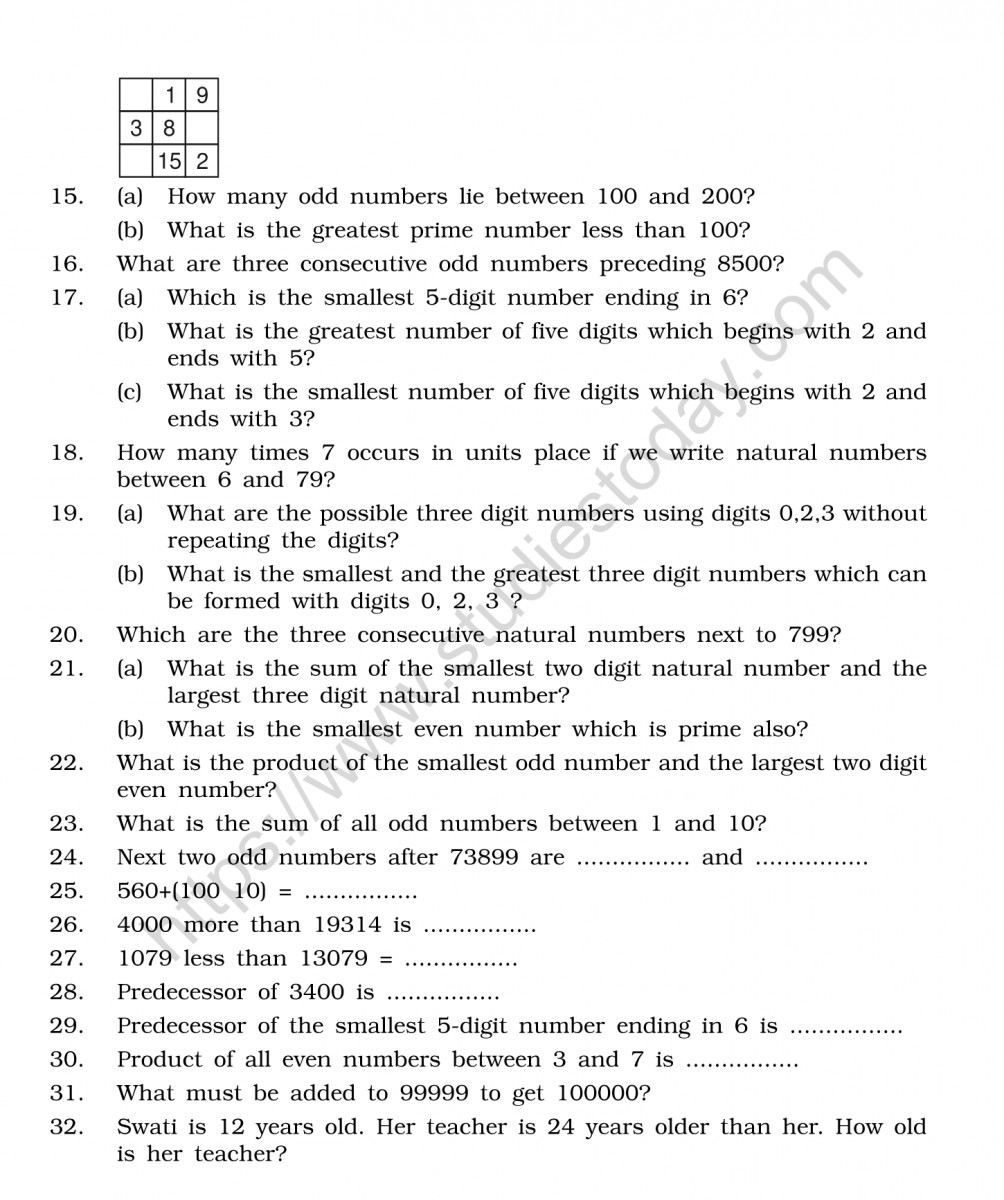 CBSE Class 6 Mental Maths Whole Numbers Worksheet