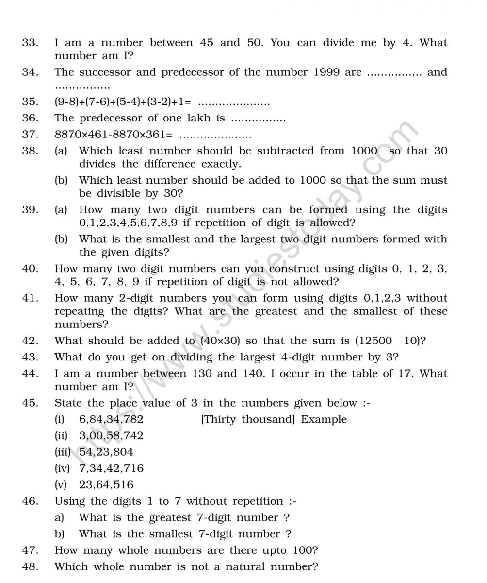 Cbse Class 6 Mental Maths Whole Numbers Worksheet Cbse Class 6 Maths 