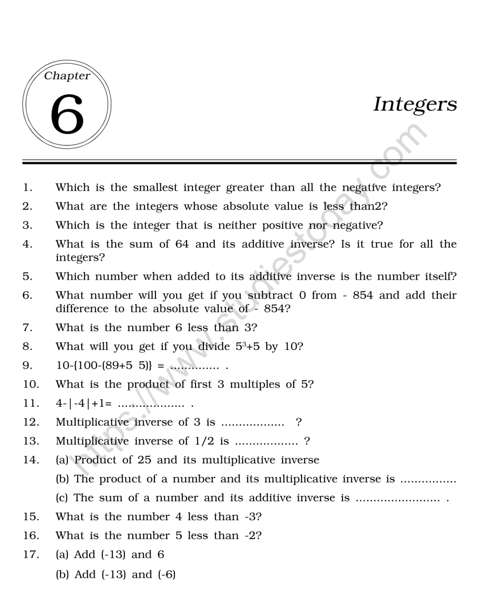 cbse class 6 mental maths integers worksheet