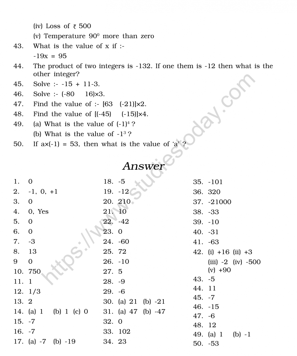 Cbse Class 6 Maths Integers Worksheets With Answers