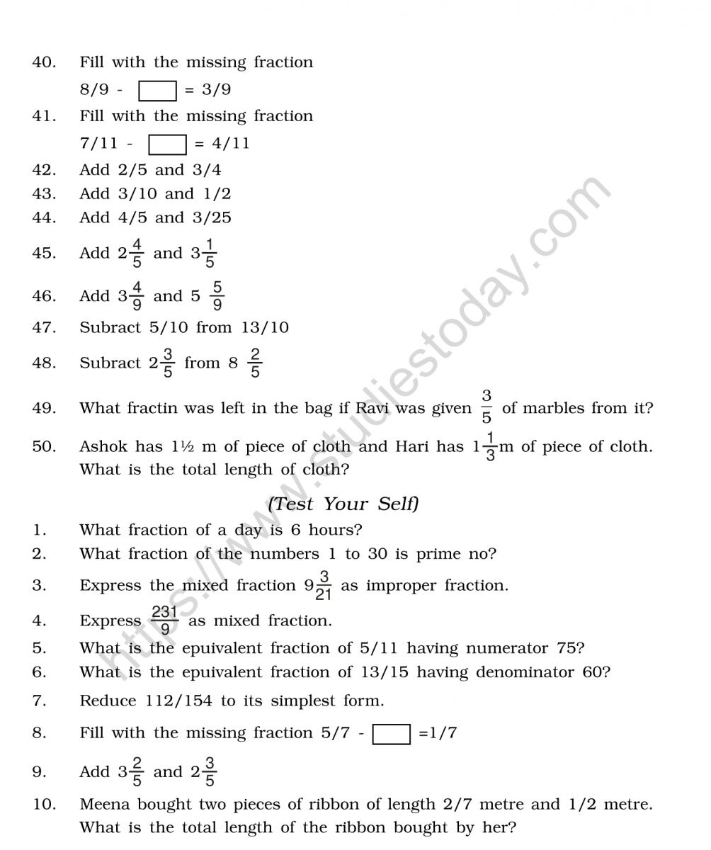 Maths Worksheet Fractions Class 6