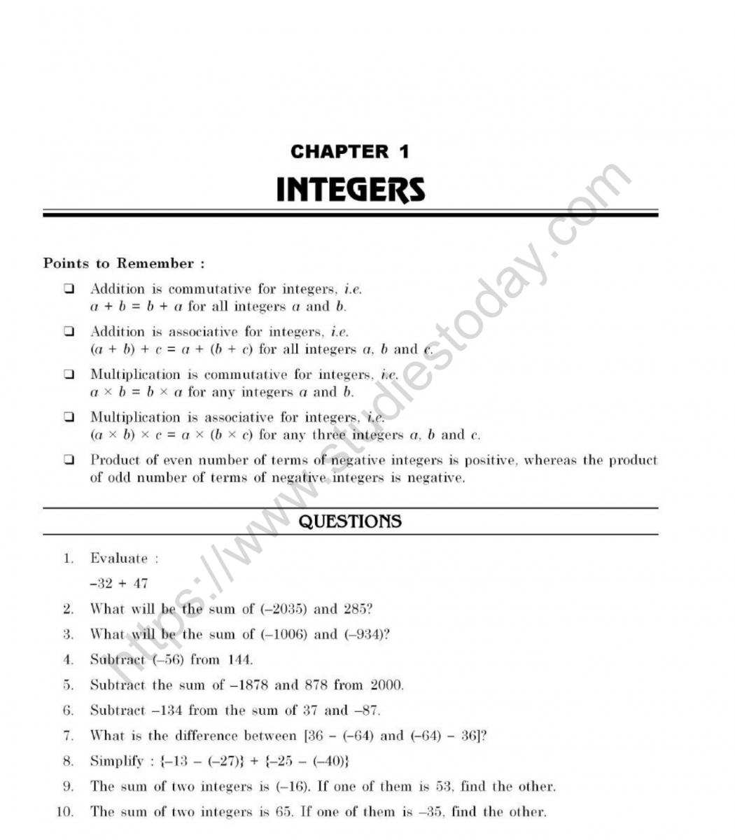 Cbse Class 7 Maths Integers Worksheets With Answers Pdf