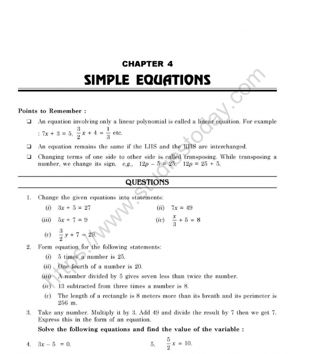 cbse class 7 mental maths simple equations worksheet