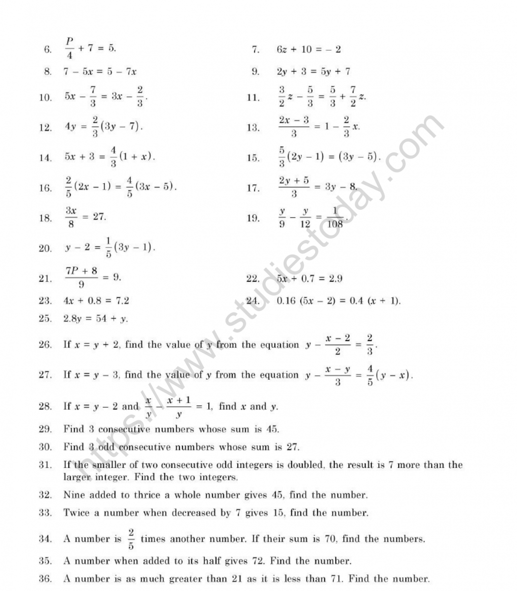 simple equations class 7 worksheet with answers