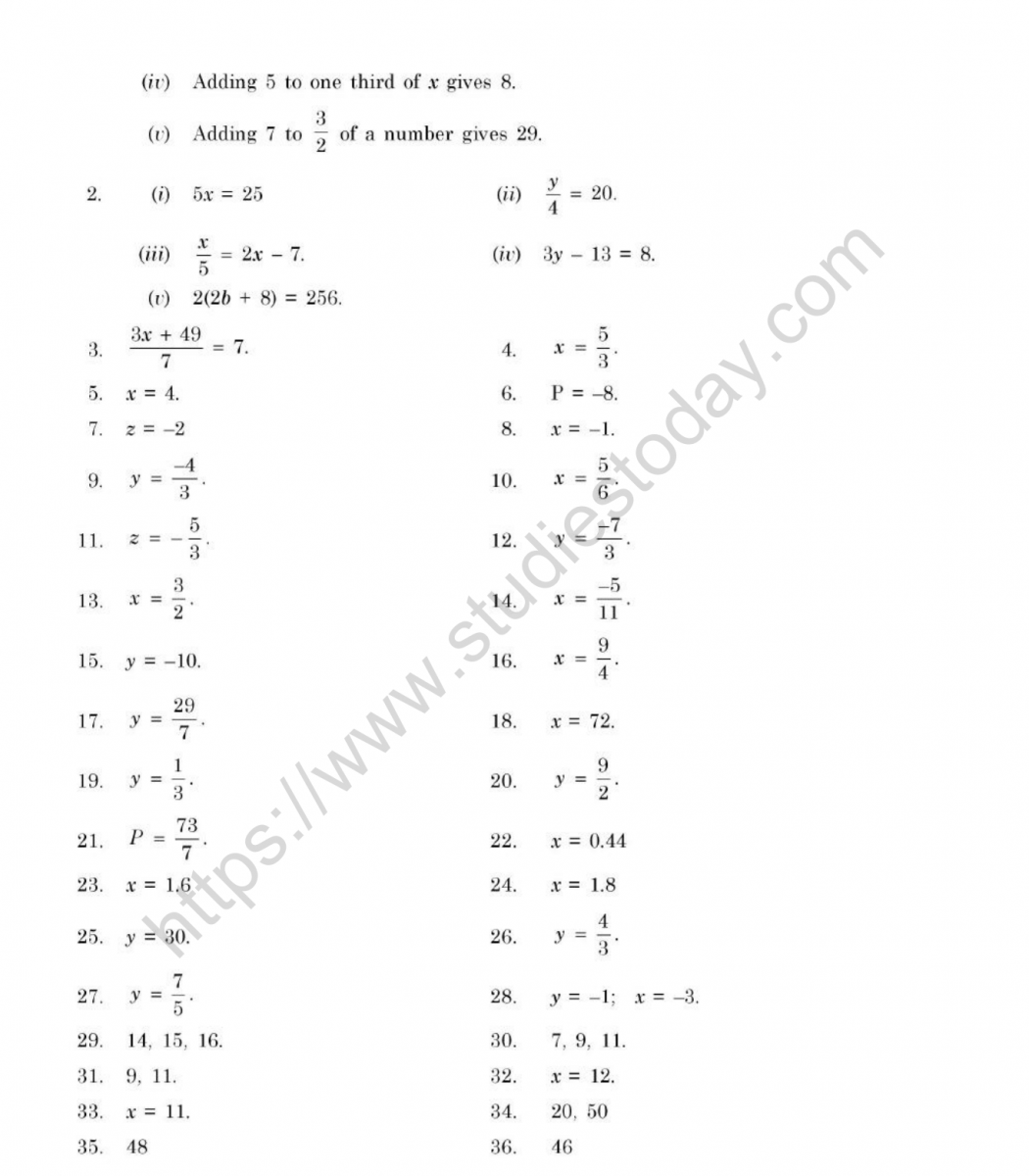 CBSE Class 7 Mental Maths Simple Equations Worksheet