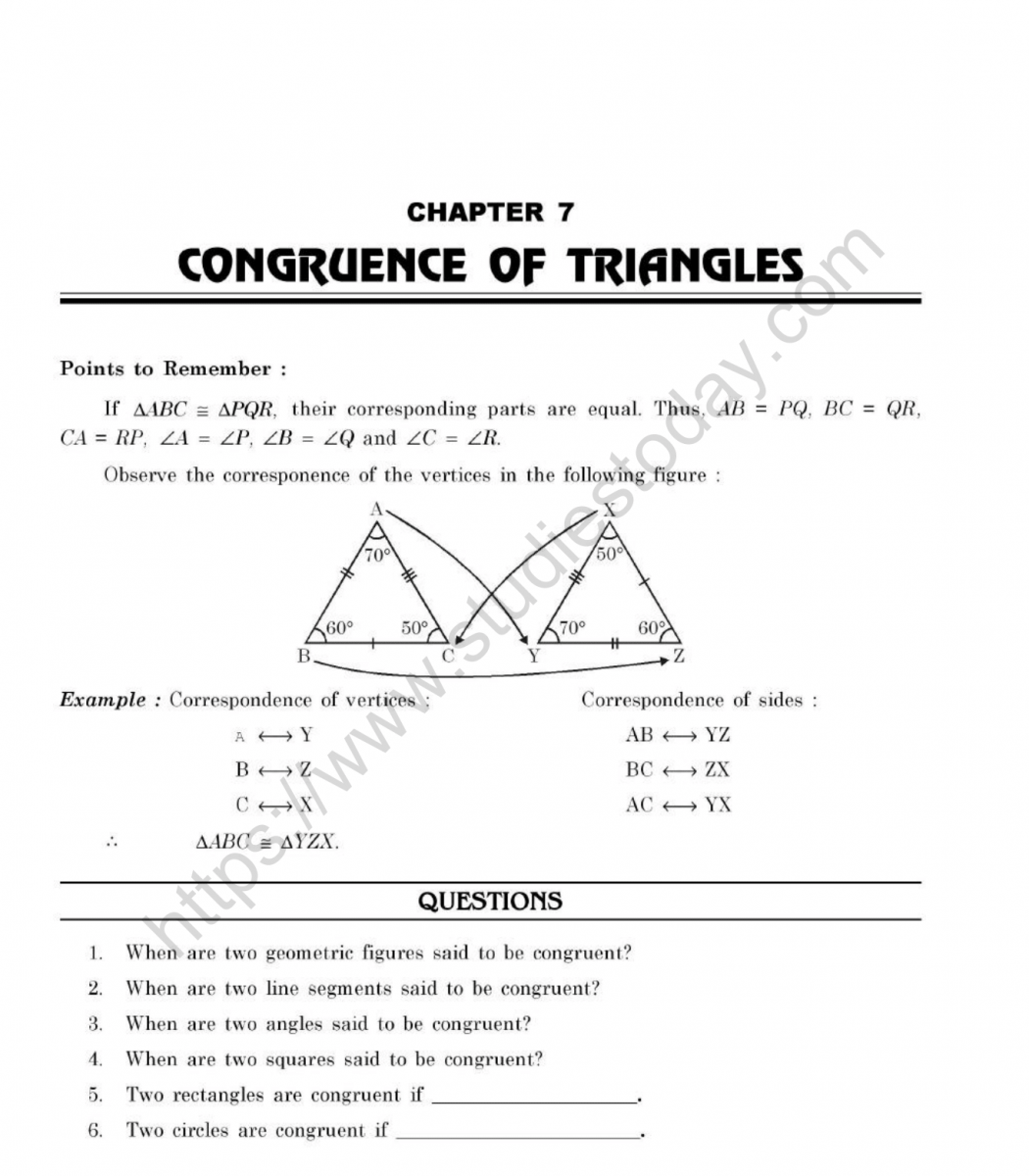 CBSE Class 7 Mental Maths Congruence Of Triangles Worksheet