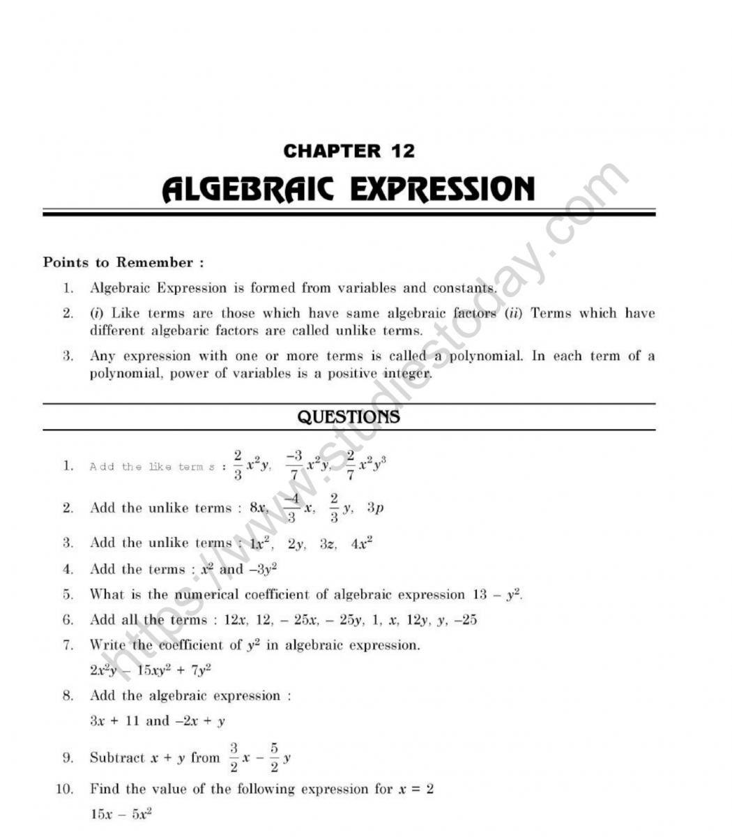 CBSE Class 7 Mental Maths Algebraic Expression Worksheet