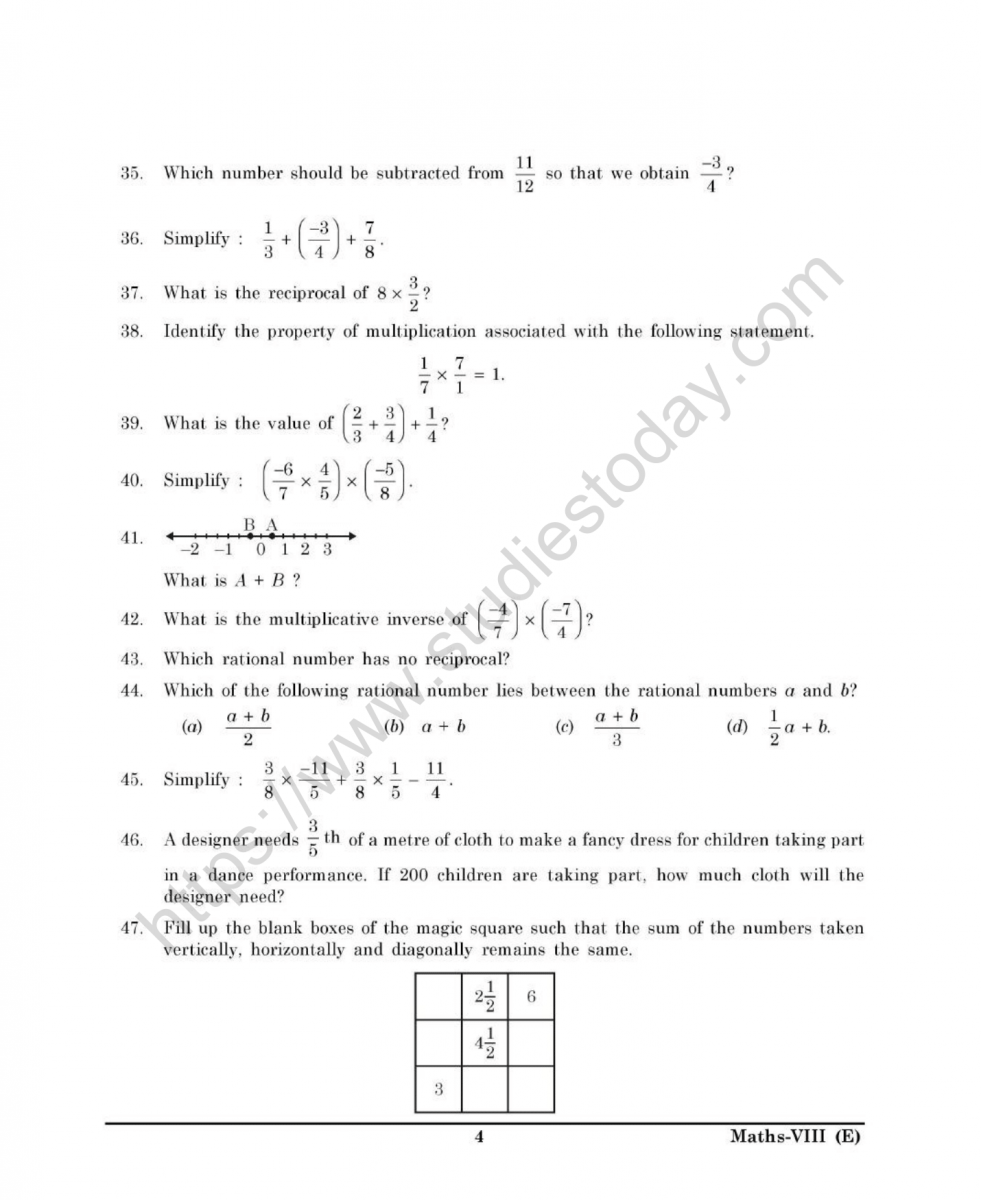 Cbse Class 8 Maths Rational Numbers Worksheet Pdf