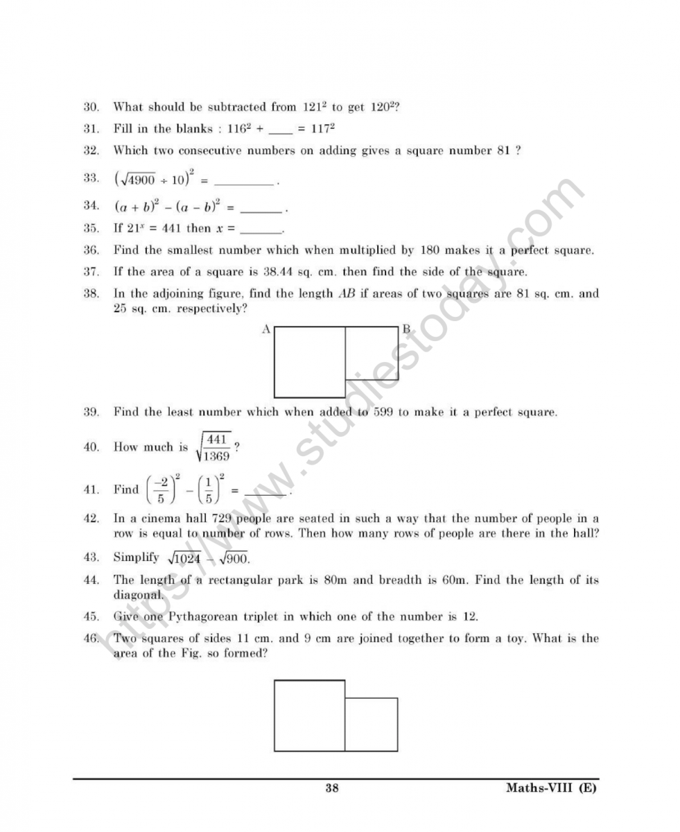 CBSE Class 8 Mental Maths Squares And Square Roots Worksheet