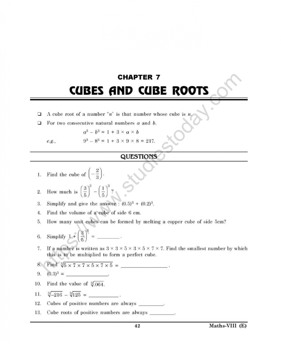 CBSE Class 8 Mental Maths Cubes And Cube Roots Worksheet