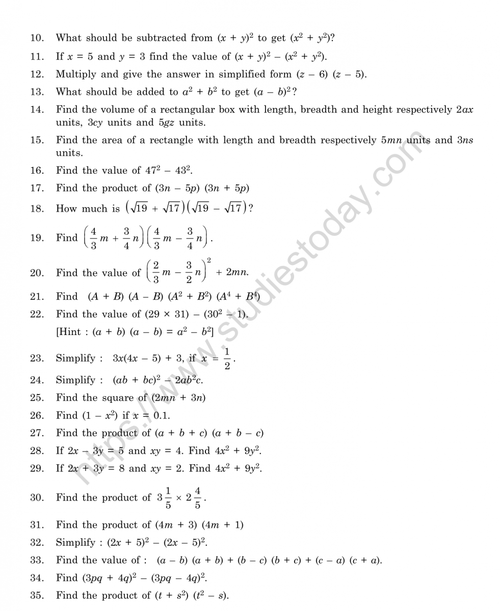 CBSE Class 8 Mental Maths Algebraic Expressions And Identities Worksheet