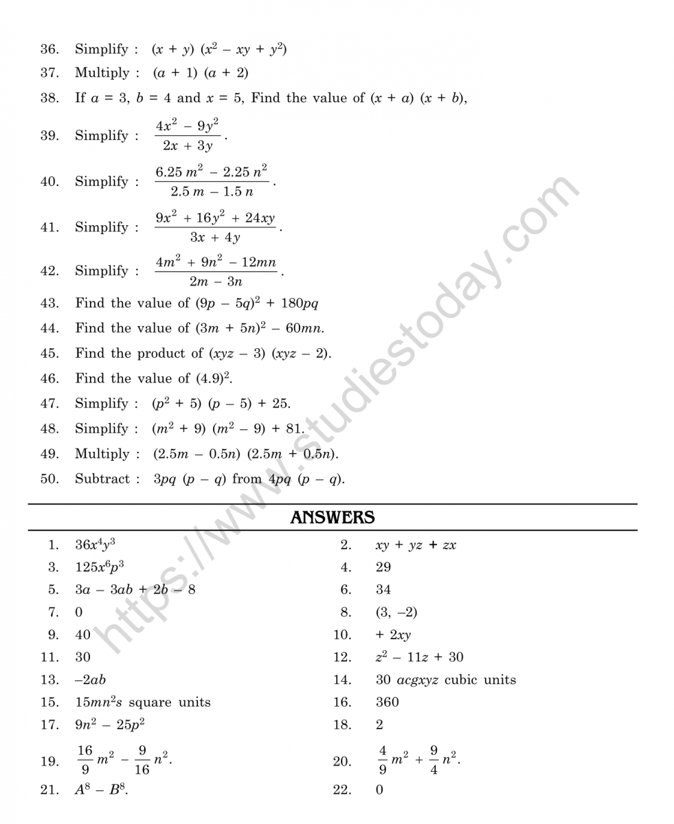 Cbse Class 8 Mental Maths Algebraic Expressions And Identities Worksheet